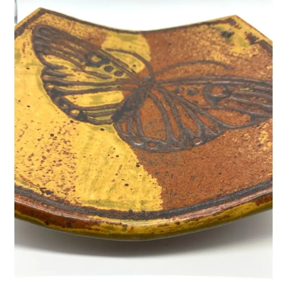 Vintage Butterfly signed Studio Pottery Gold‎ Burnt orange footed dish signed